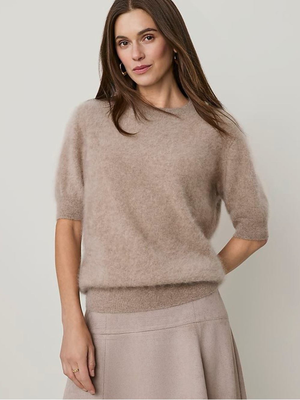 Ann Taylor Short-Sleeve Crewneck Sweater in Light Taupe